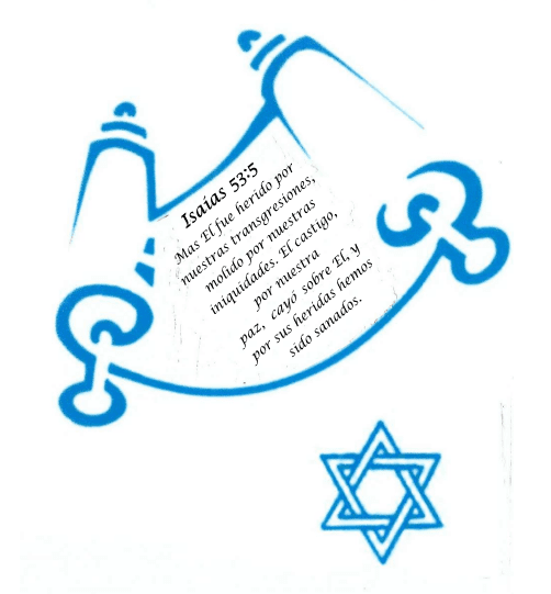 A blue and white picture of a torah scroll with the star of david.